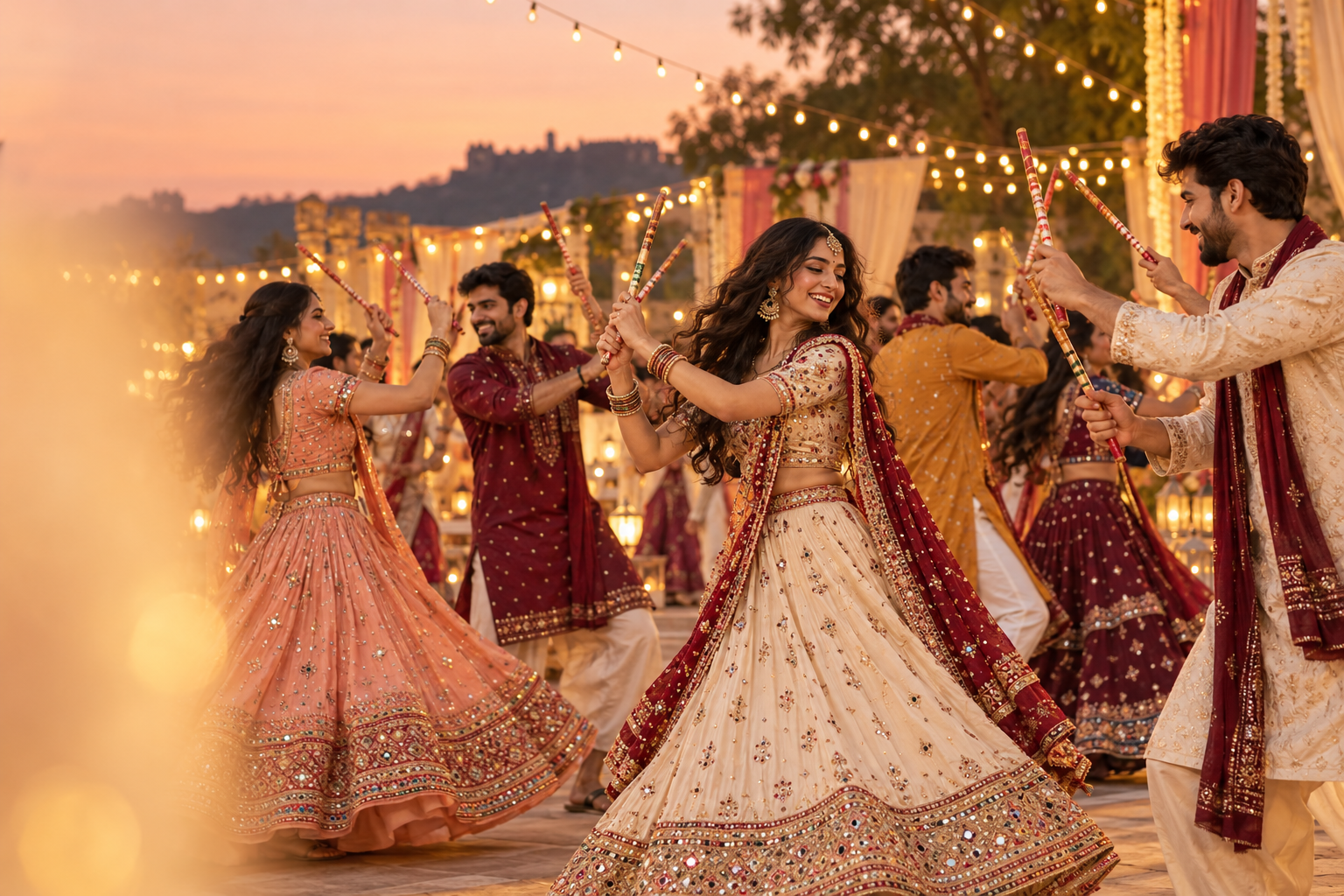 Illustration of a festive dandiya evening with warm lights and traditional dress